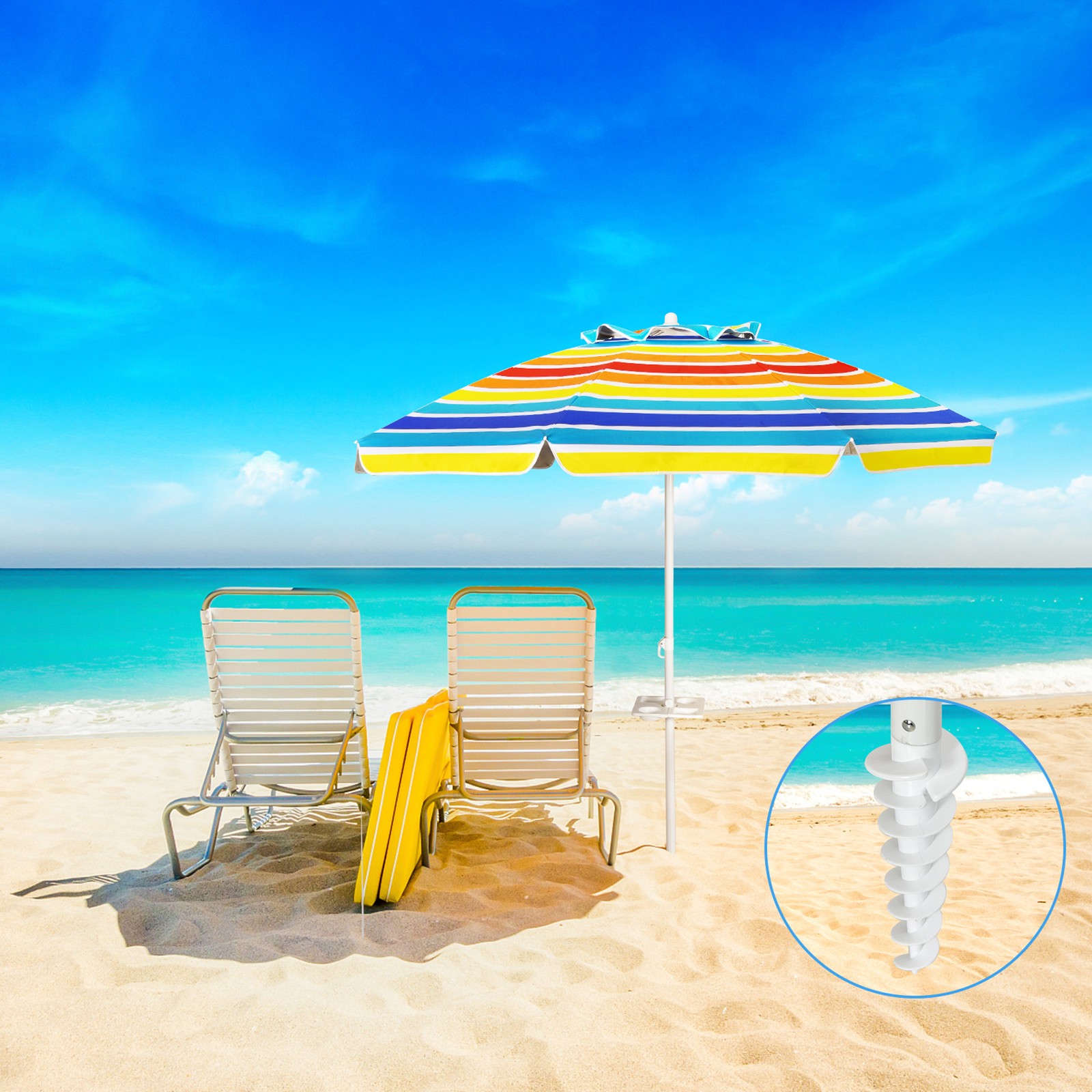 7.2ft Beach Umbrella Outdoor Patio Garden w/ Carrying Bag Sand Anchor Rainbow