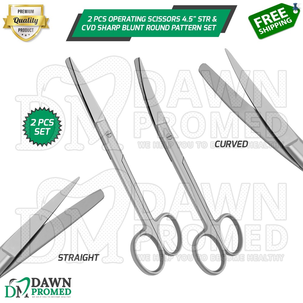 2 Pcs Operating Scissors 4.5" Straight & Curved Sharp Blunt Round Pattern Set