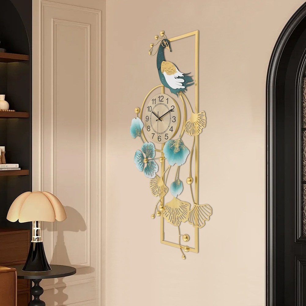 Peacock & Ginkgo Leaves Wall Clock, Modern Wall Clock