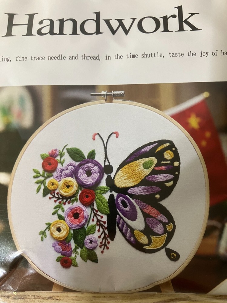3 Handwork embroidery kits Butterfly, Dance, Fly, Float, hoops, thread, tools