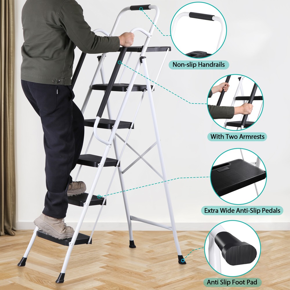 Folding 5 Step Ladder Sturdy Step Stool w/ Multi-Functional Tool Tray Household