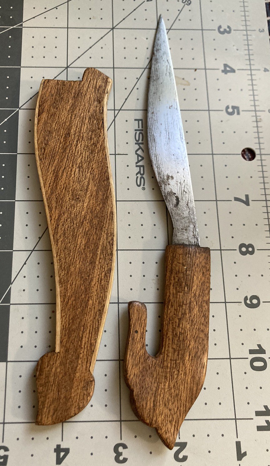 Vintage Philippines Bolo Knife with Sheath Scabbard Used Carved Wood