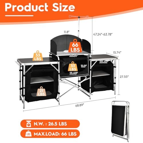 Cmaping KitchenTable, Aluminum Folding Camping Cook Black With Three Cupboard