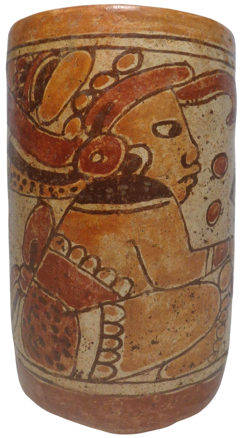 MID-CENT REPRO of PRE-COLUMBIAN HAND DEC CERAMIC CYLINDER VESSEL of SEATED DEITY