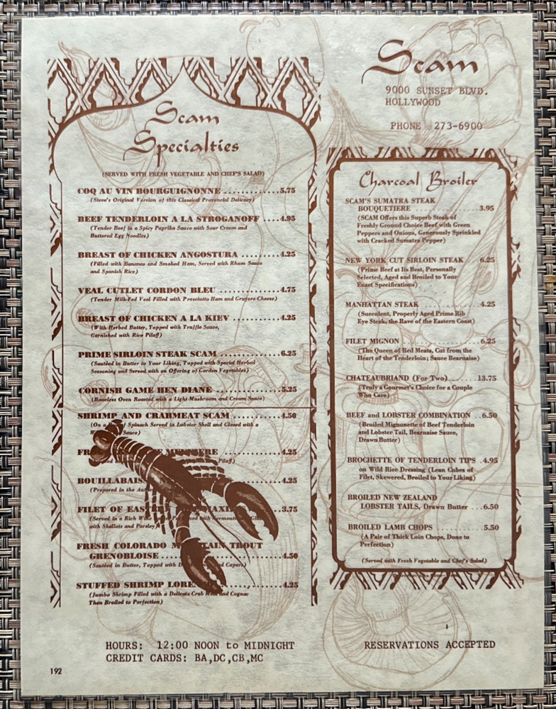 Scam Seafood Restaurant- Sunset Blvd -Hollywood, Ca. 1968 Laminated Menu