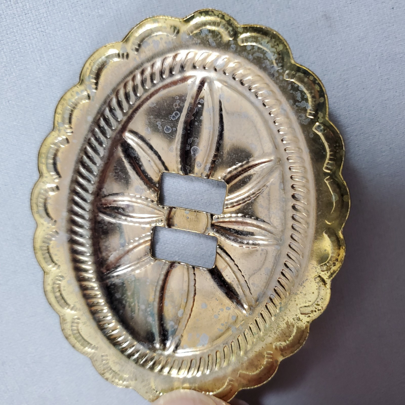 Lot of 34 Slotted Oval Conchos Brass Tone Scalloped Different Sizes Crafts Vtg