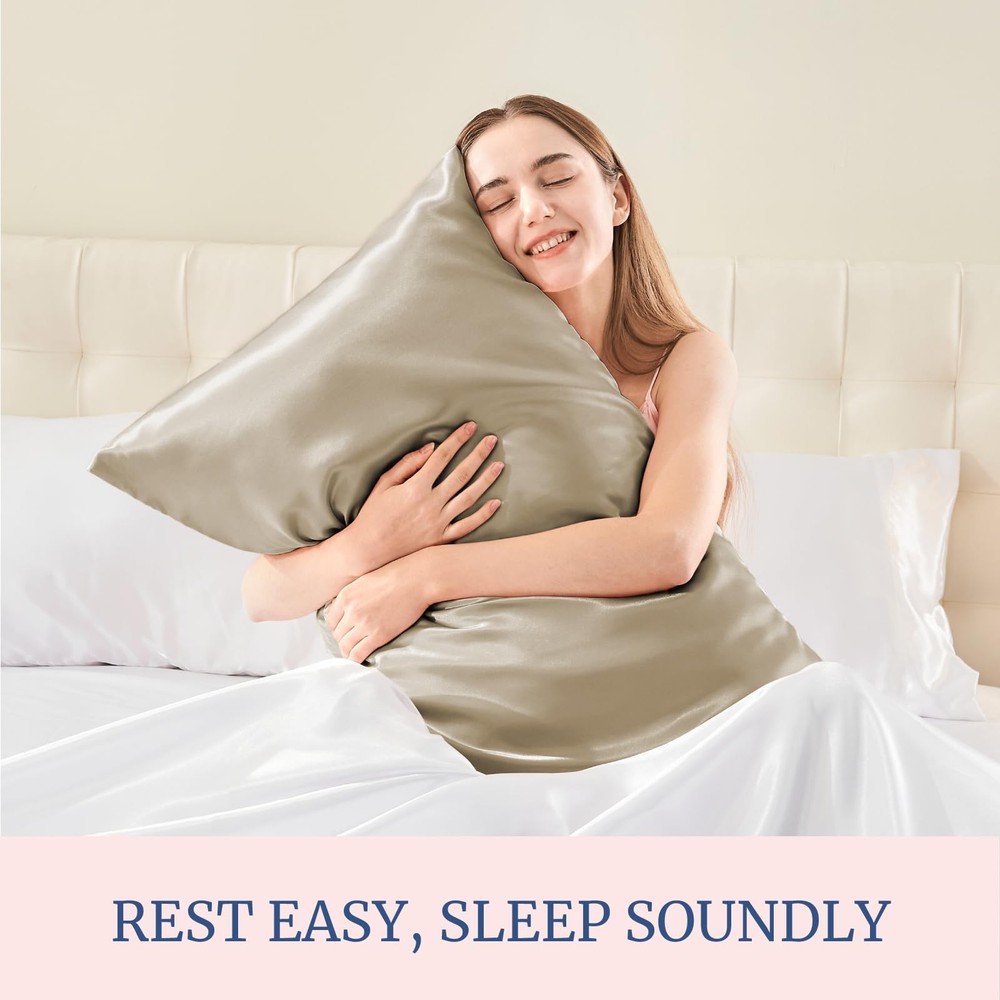 Soft Satin Pillow Covers, 2pc Envelope Design, Skin Friendly, Beige