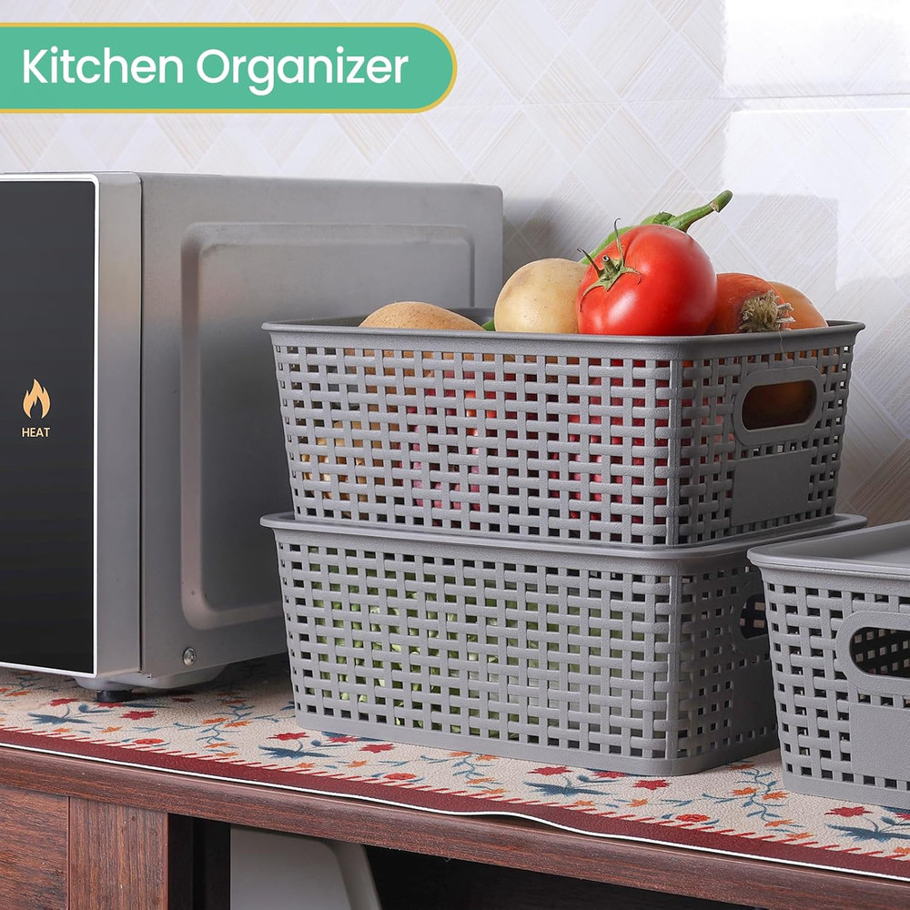 Plastic Storage Baskets with Lid-Plastic Storage Containers Stackable Storage Bi