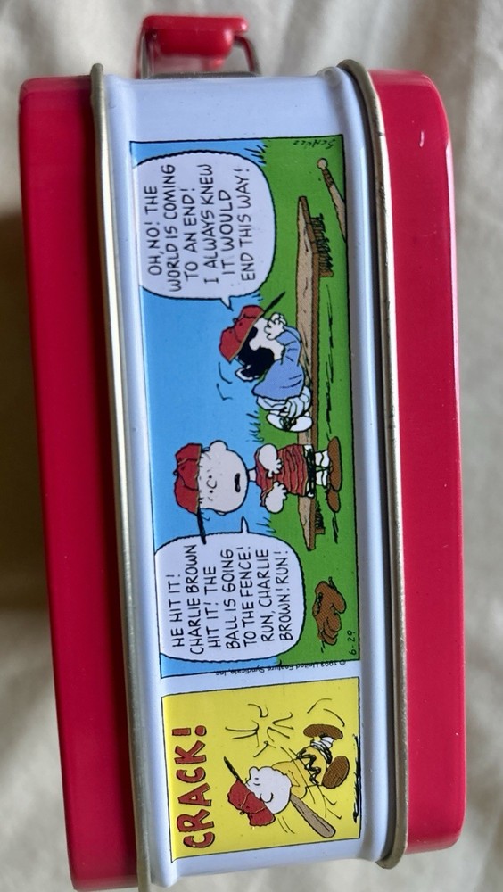 Peanuts Metal Lunchbox Baseball Theme Red Comic Strip Design
