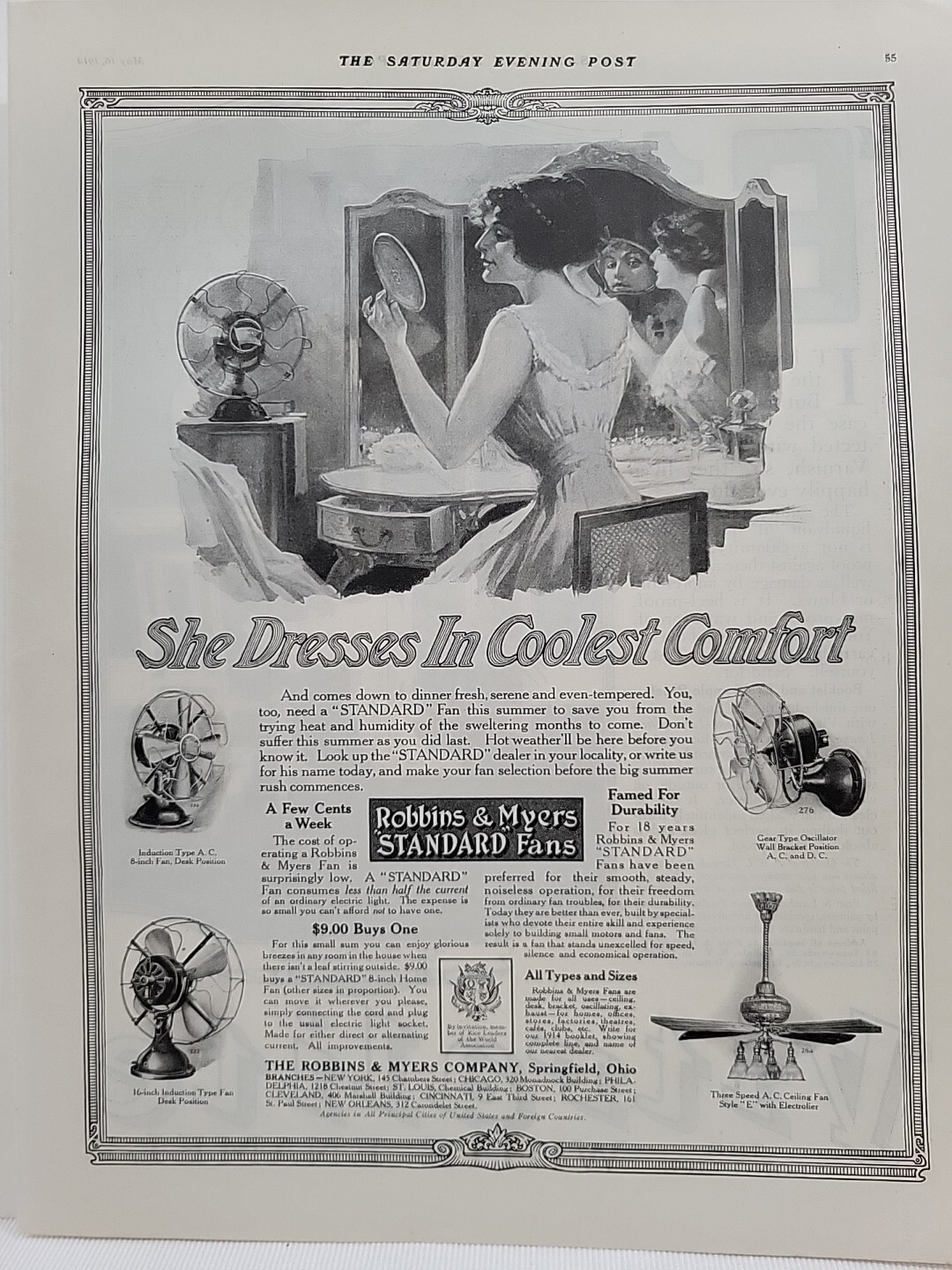 1914 Robbins & Myers Standard Fans Saturday Evening Post Print Ad Woman