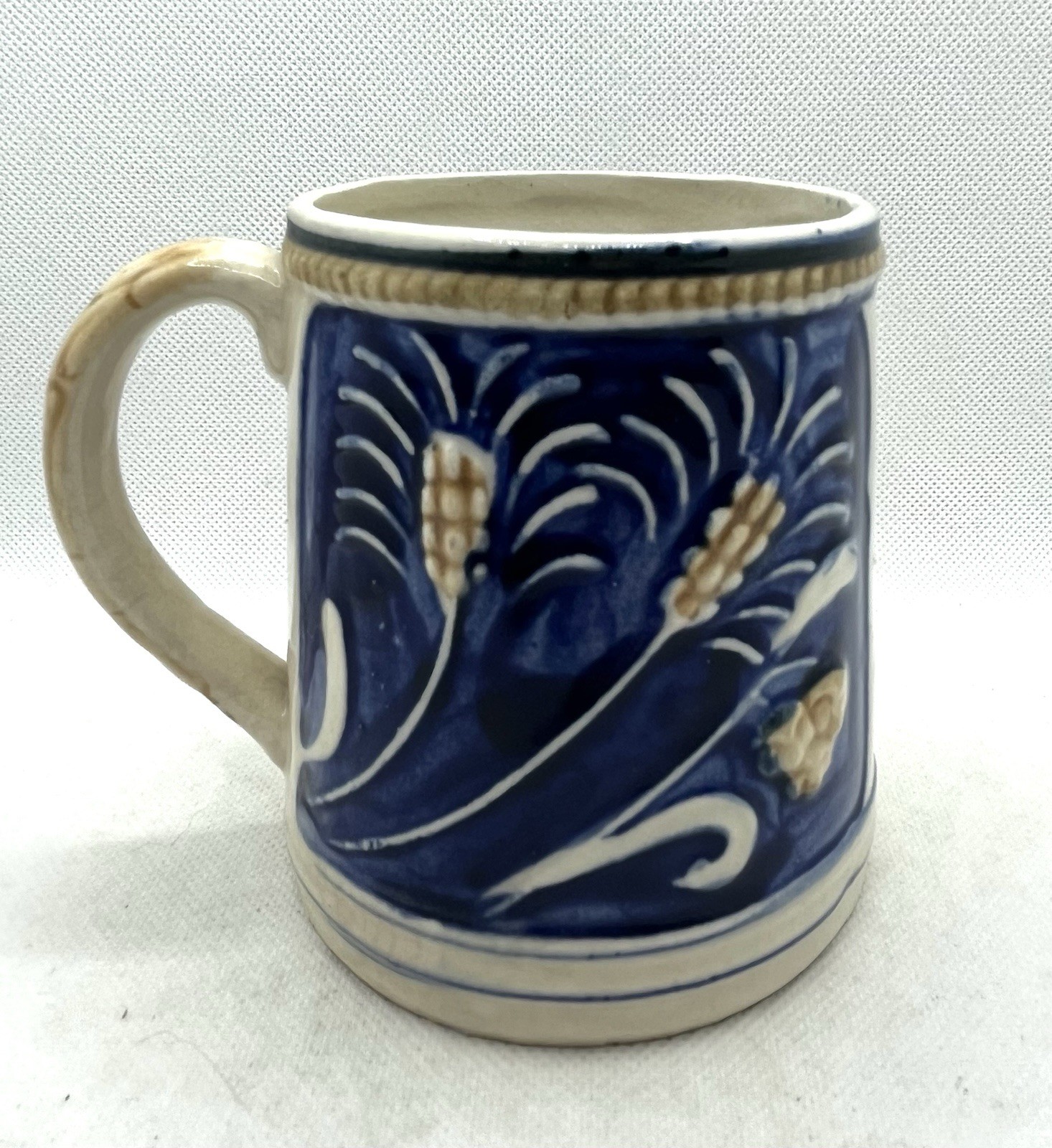 Vintage Ceramic Beer Mugs Cobalt Blue 2 Men In Tavern Scene & Wheat Japan 4”