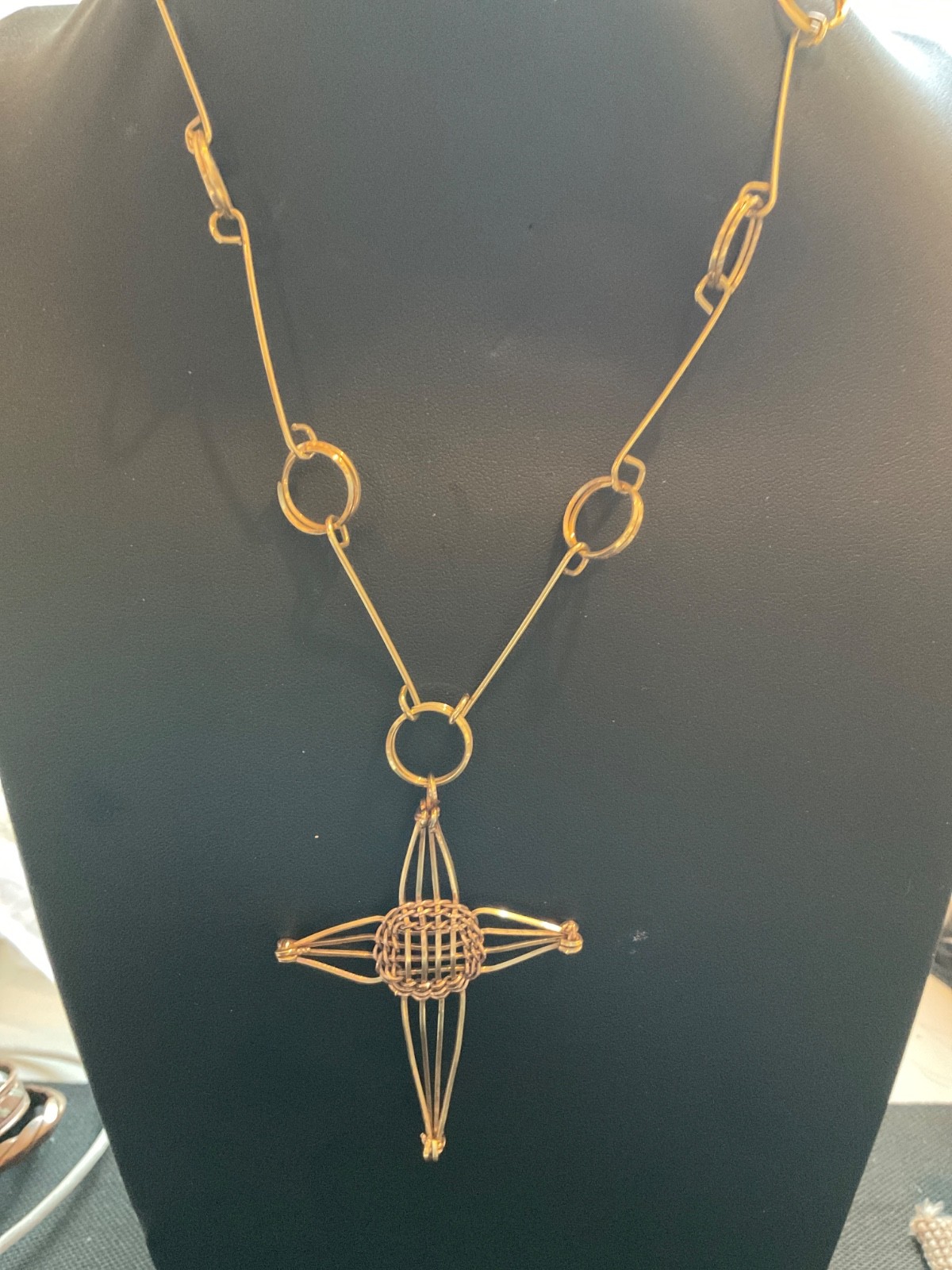 Handcrafted Gold Filled Wire Artisan Lg Cross & Unique Chain Mexico W/Paperwork