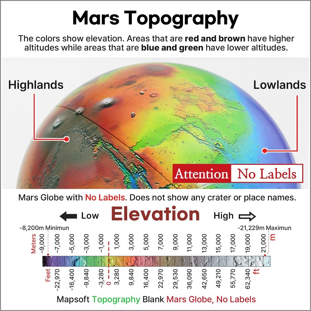 Mapsoft Guide Topography Blank Mars Globe No Labels, 24cm/9.5″, RT2-24