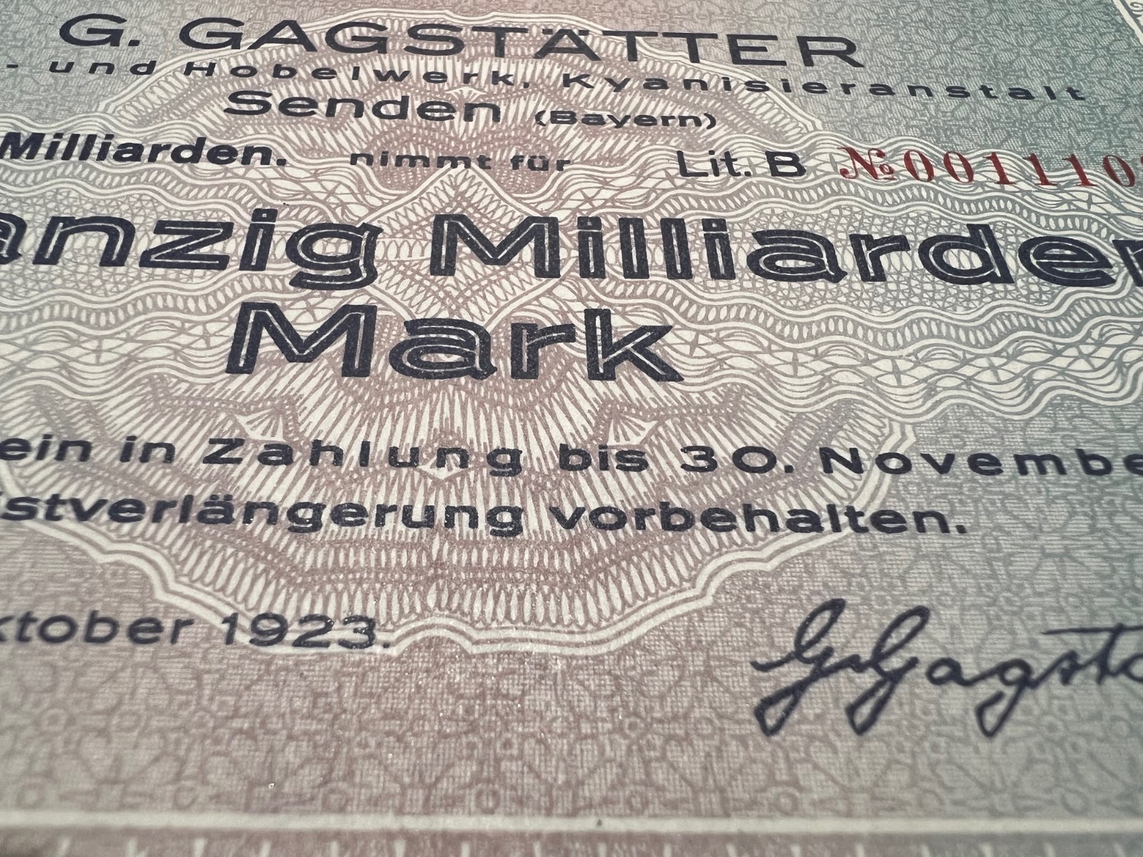 1923 Germany 20 Billion Mark Post WWI Pre WWII Banknote World Paper Money Kaiser