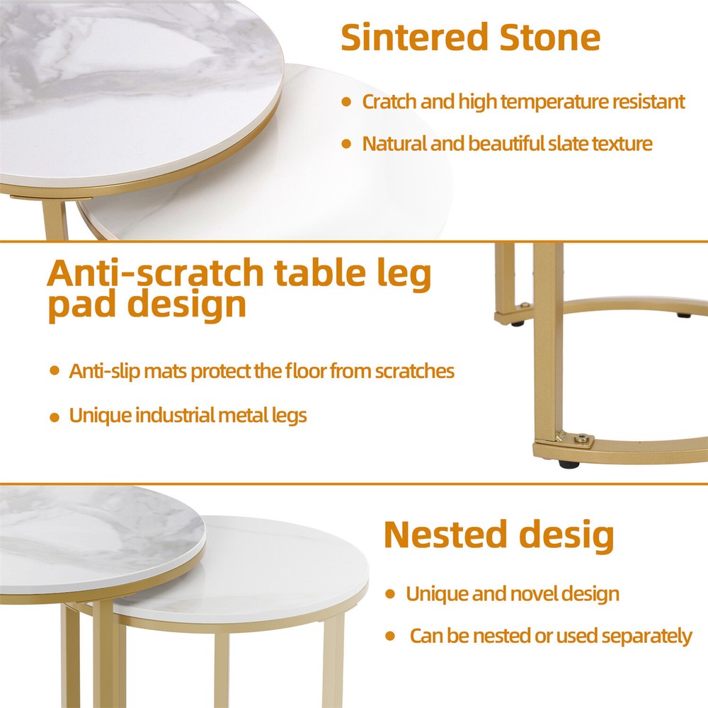 Real Marble 2 Pack Nesting Coffee Side Table Home Tea Desk Round Metal Stacking