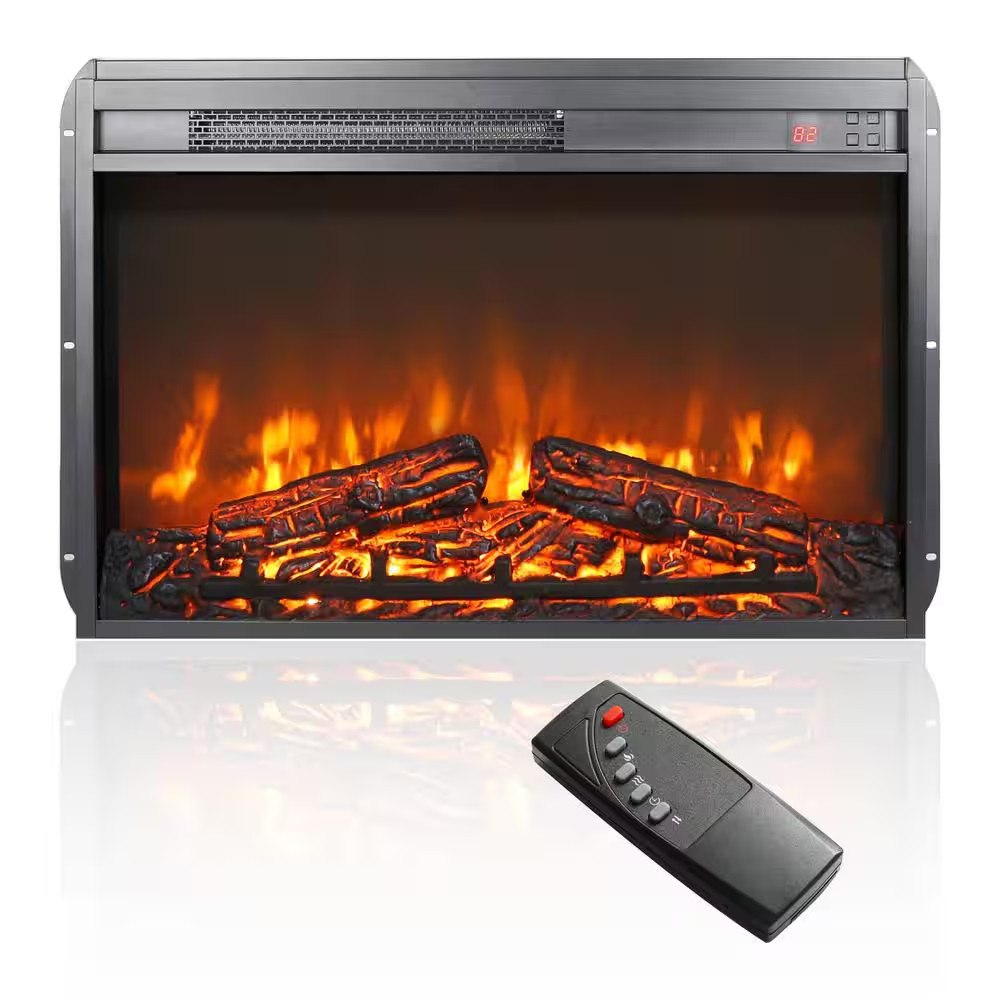 26 In. Ventless Electric Fireplace Insert with Log Set & Realistic Flame, Remote