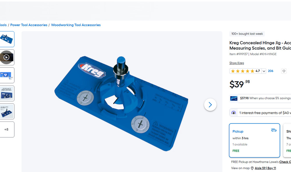 Kreg Concealed Hinge Jig Drill Guide Tool KHI-HINGE Euro Hinges Bit