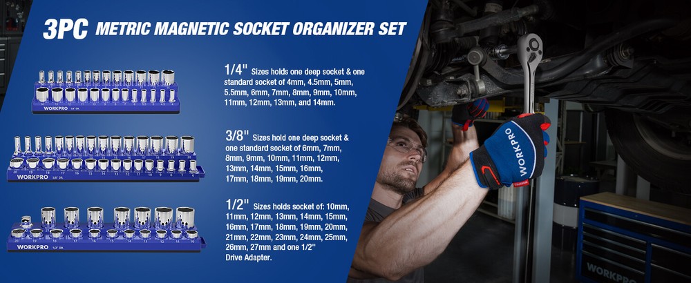 WORKPRO Magnetic Socket Organizer Set 3PC Socket Holder Set 1/4"3/8"&1/2"Drive