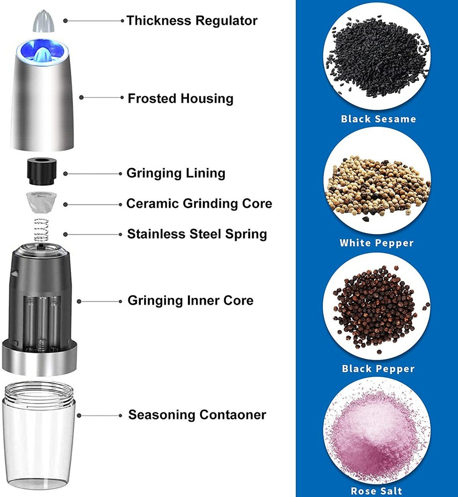 2PCS Electric Battery Salt Pepper Grinder Adjustable Shakers Automatic Stainless