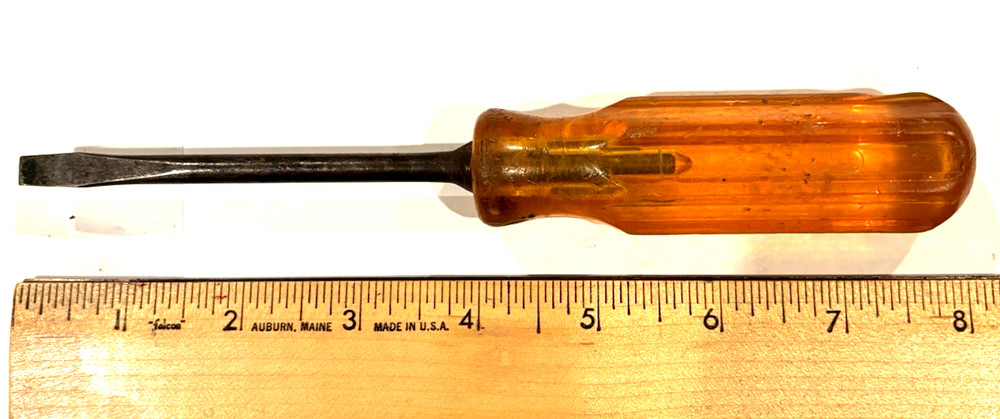Vintage PLASTIC HANDLE MARK UL flathead screwdriver, 7 1/2" long.