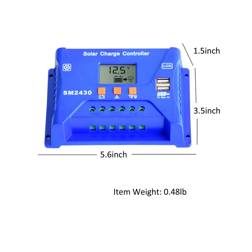 PWM Solar Panel Battery Charge LCD Controller 20A 12V/24VAuto Regulator Dual USB