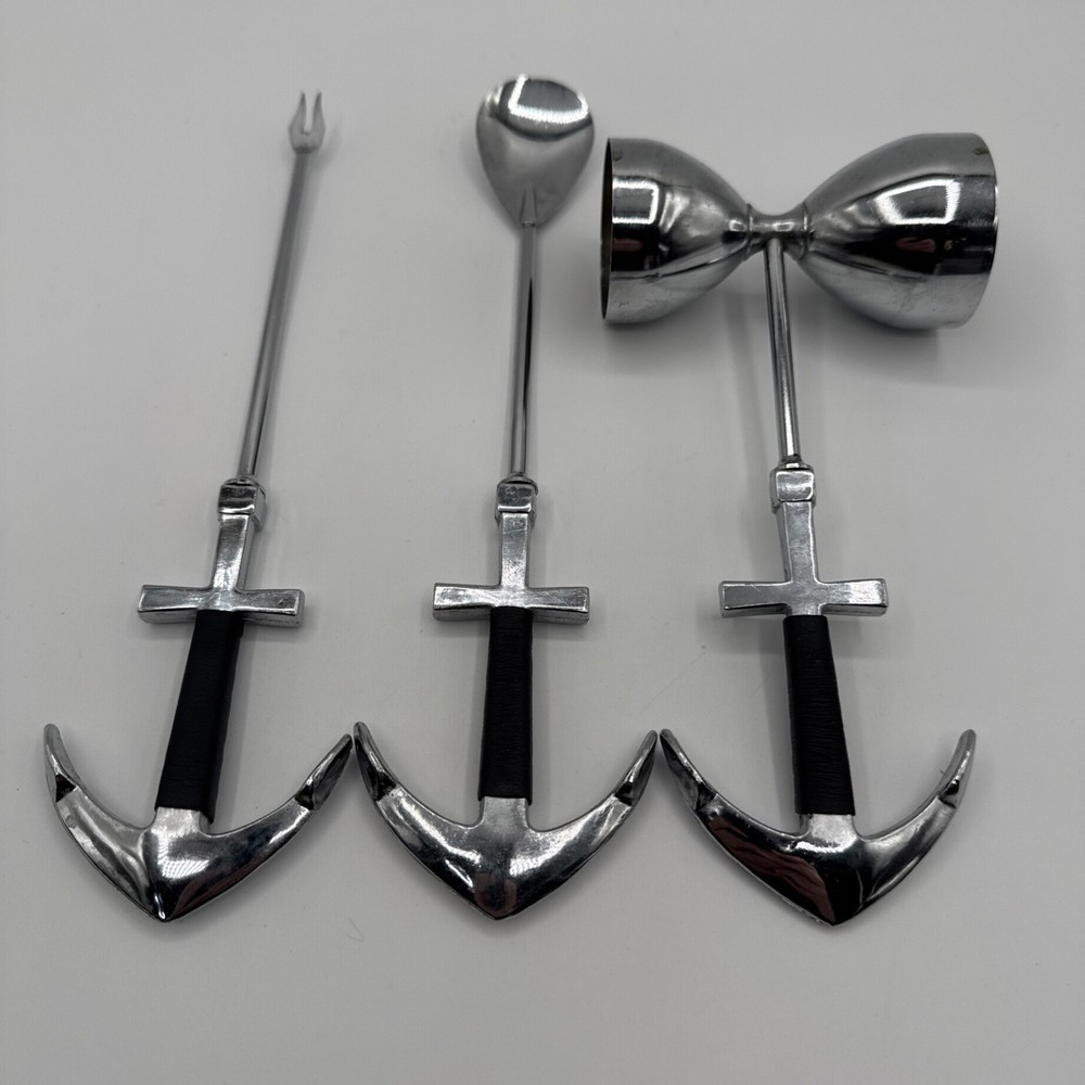 Vintage Nautical Anchor Handle Bar Tools Set Jigger Spoon Olive Fork Chrome