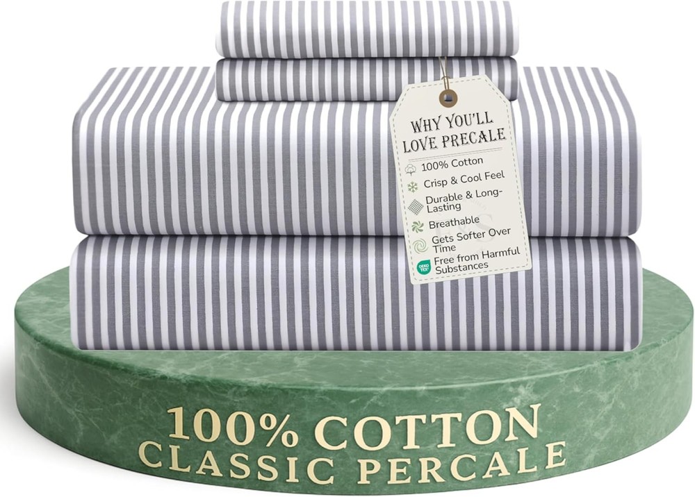 Feather & Stitch Softest 100% Cotton Sheets, 300 Thread Count Percale Weave