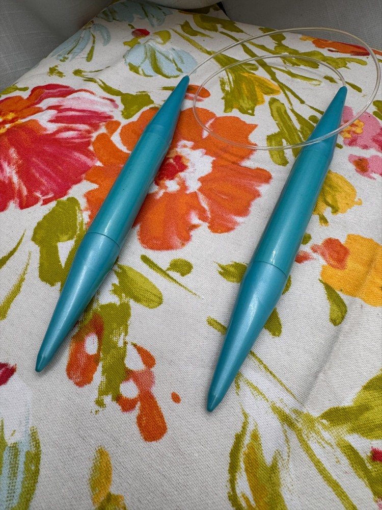 Vintage Circular Knitting Needles Teal Plastic Tips Clear Cable Sewing Tool