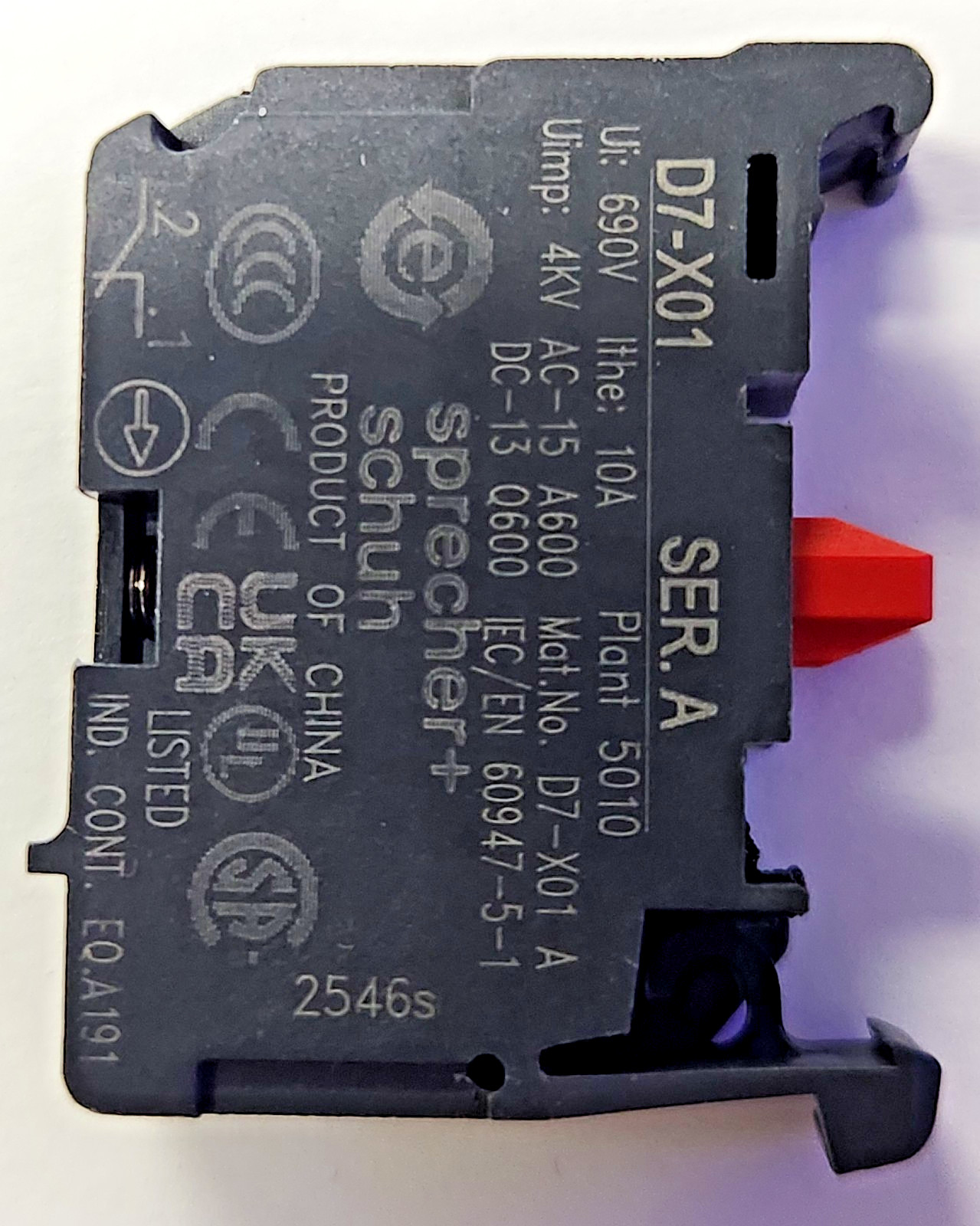 Qty One - PN# D7-X01 Sprecher + Schuh - N/C Normally Closed Contact Block Only