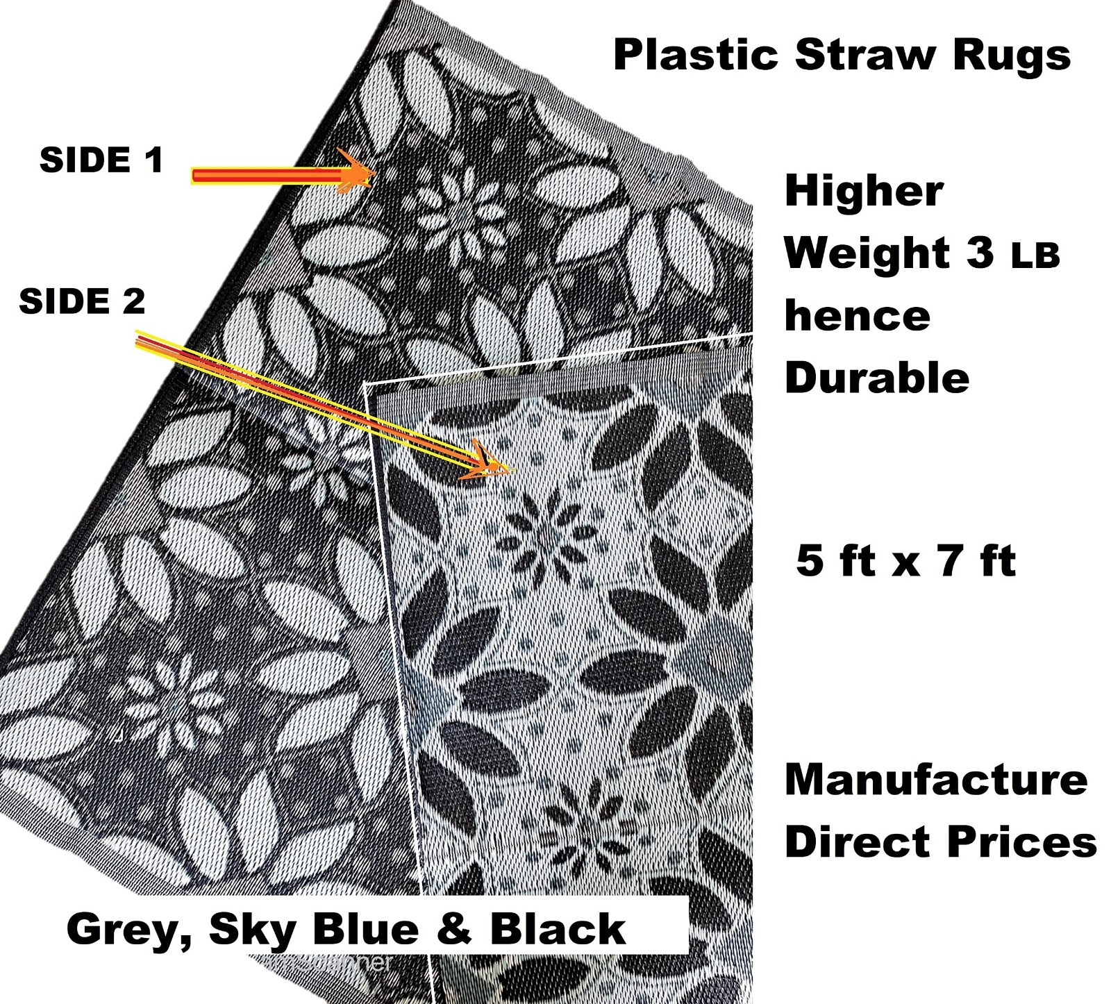 Outdoor rugs Plastic straw patio rugs 5x7 ft. Blue, Black, Grey Used For Display