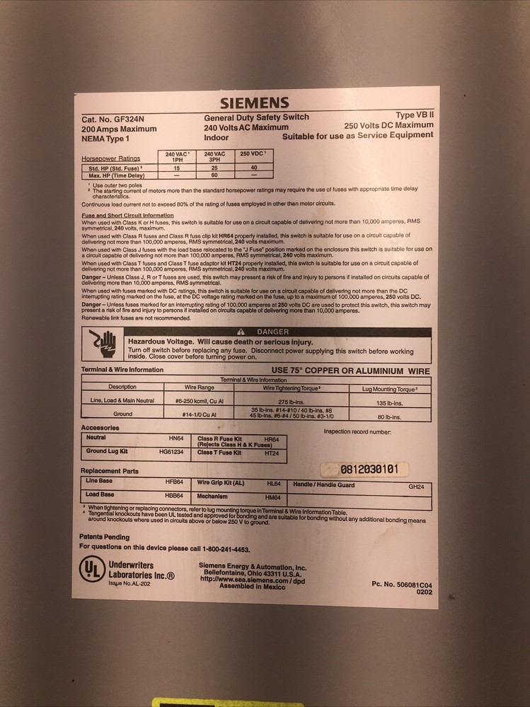 Siemens GF324N Safety Switch (Used)
