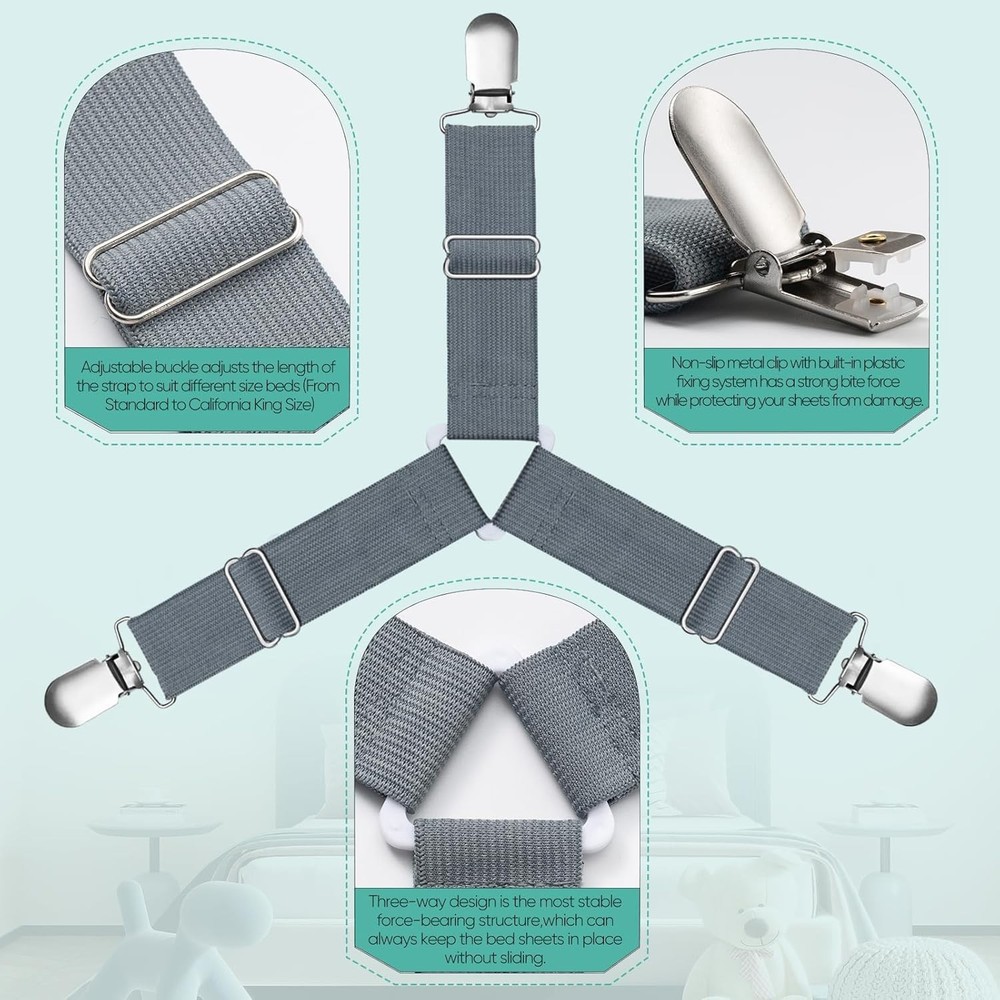 Adjustable Bed Sheet Straps 4 Pack – Heavy Duty Fitted Sheet Clips (Gray)