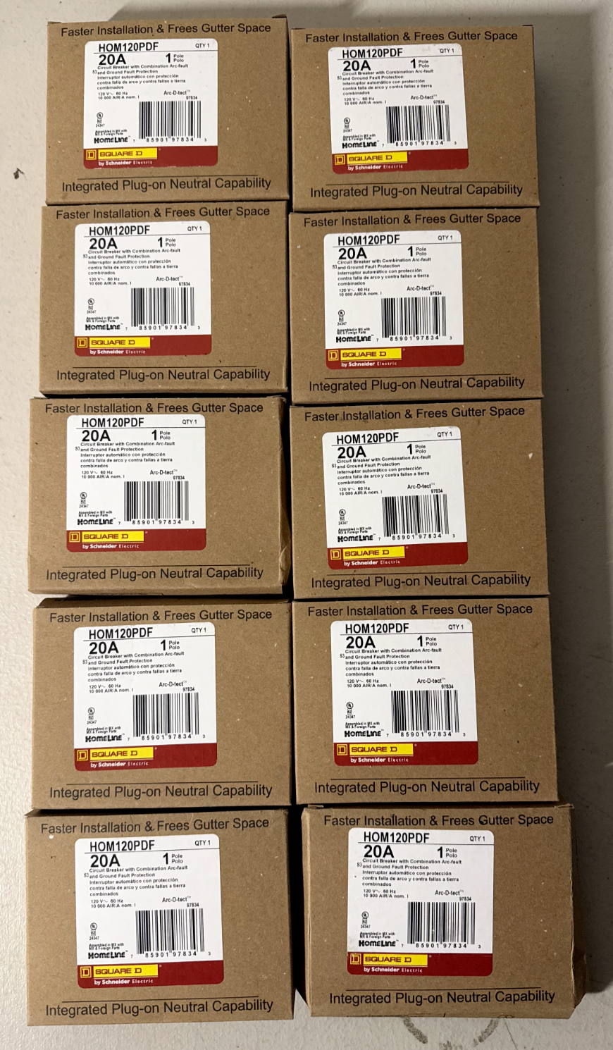 10 PCS Square D HOM120PDF 120V 20A Single-Pole Circuit Breaker