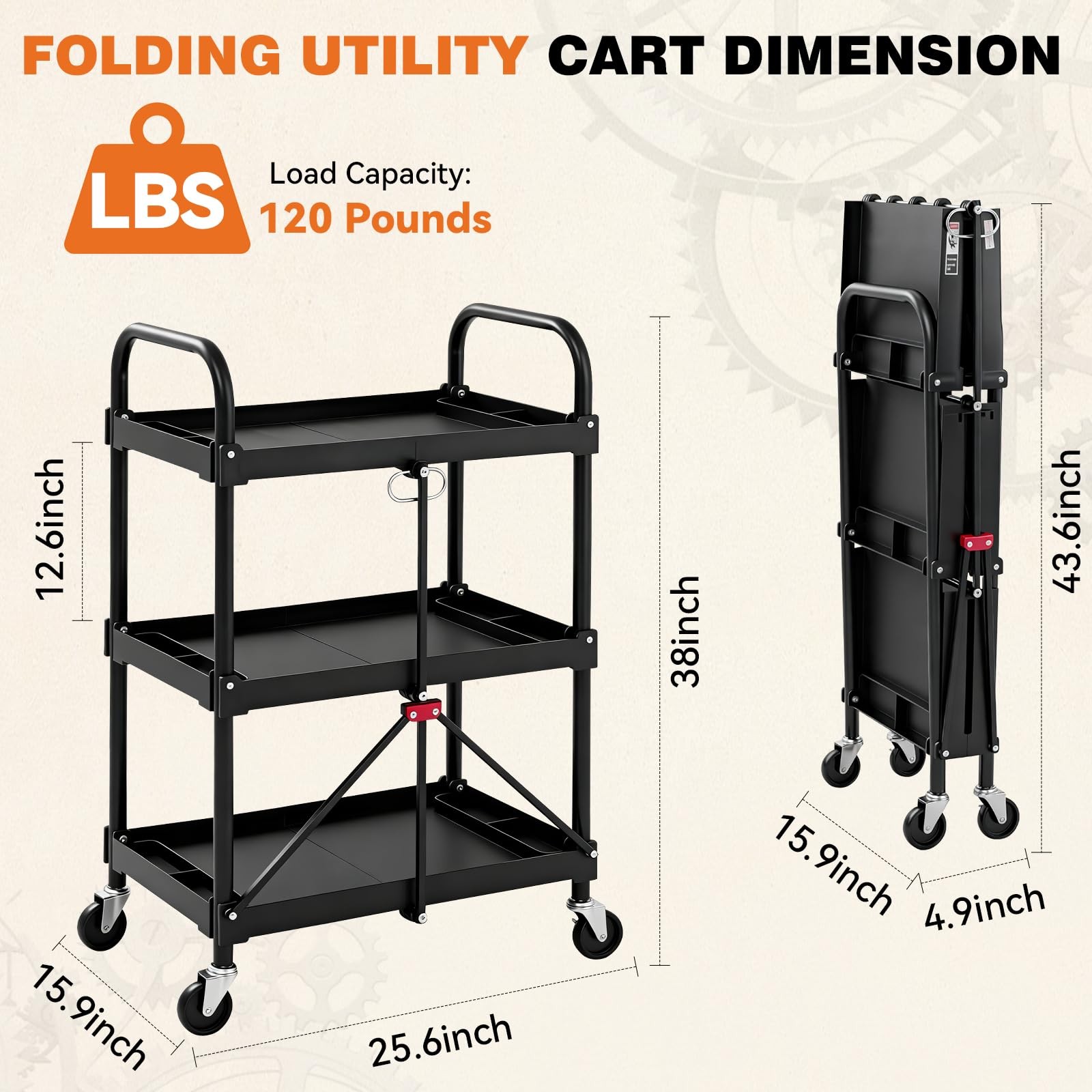 3-Tier Folding Utility Cart, Collapsible Service Cart with 4 Swivel Wheels & ...