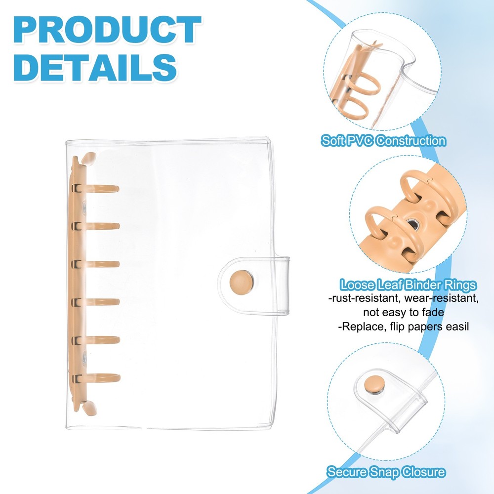 A7 2Pcs Transparent 6-Ring Binder Cover with Snap Button Closure, Orange