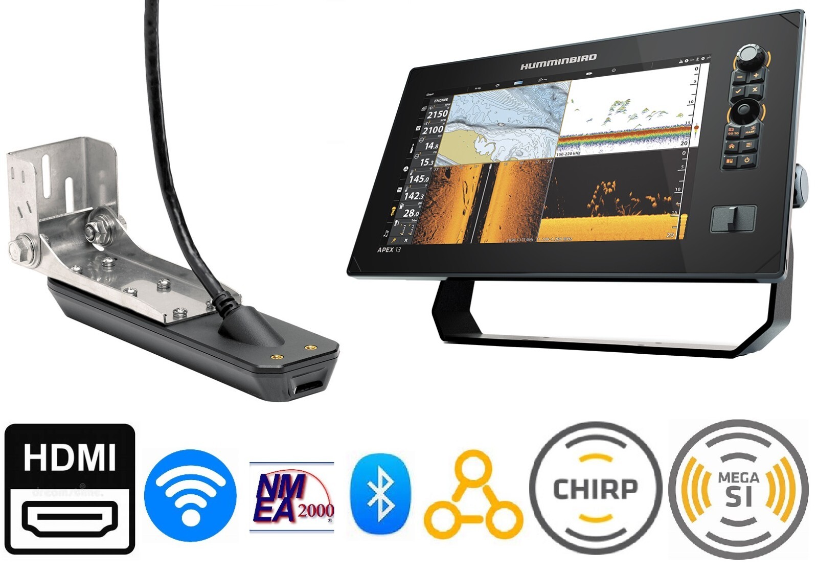 Humminbird APEX 13 VX MEGA SI+ GPS Chartplotter Bluetooth Fishfinder &Transducer