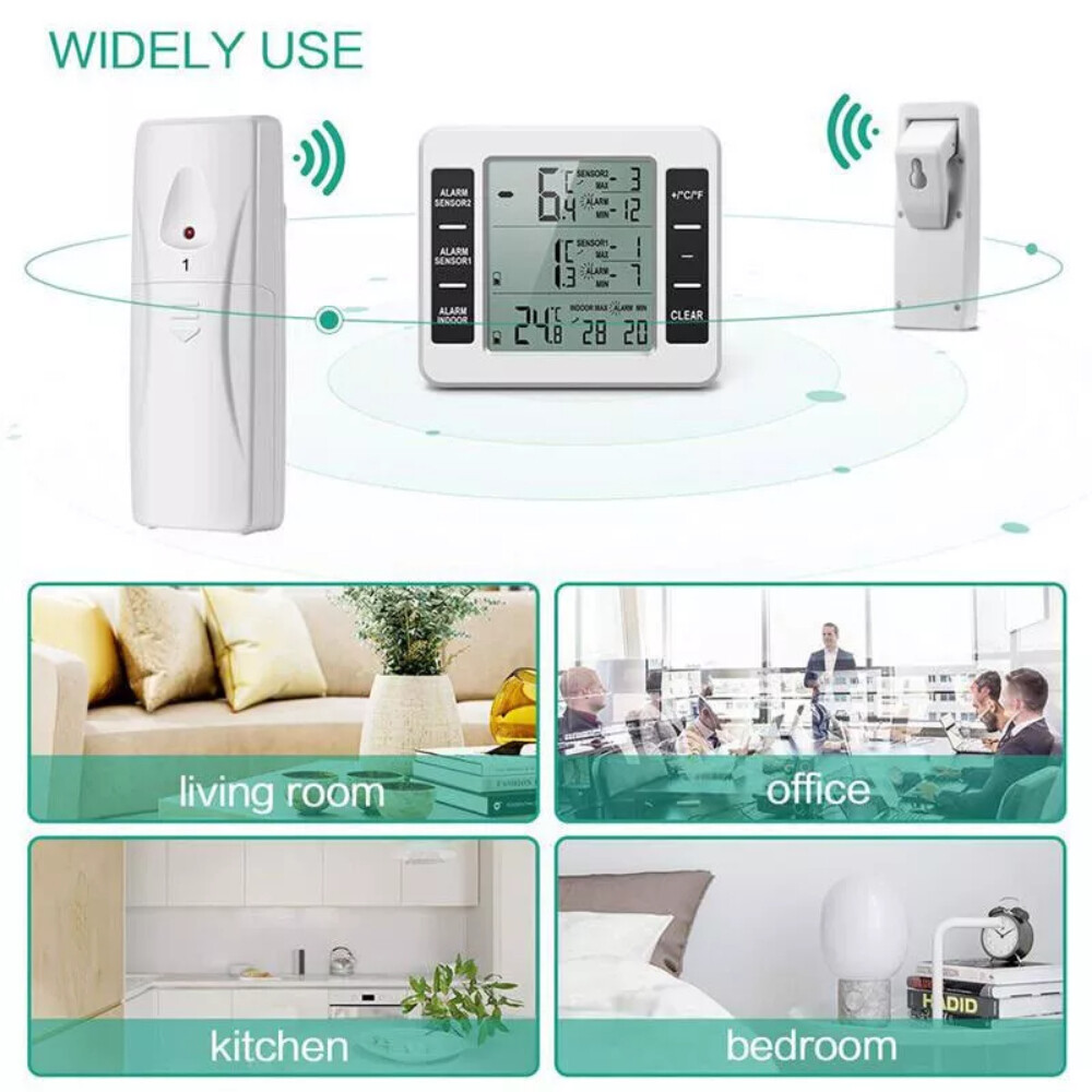 Wireless Digital Refrigerator Freezer Thermometer Temp Alarm Dual Sensor
