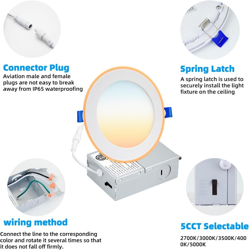 6 Pack 4 Inch Ultra-Thin LED Recessed Ceiling Light with Junction Box DIMMABLE