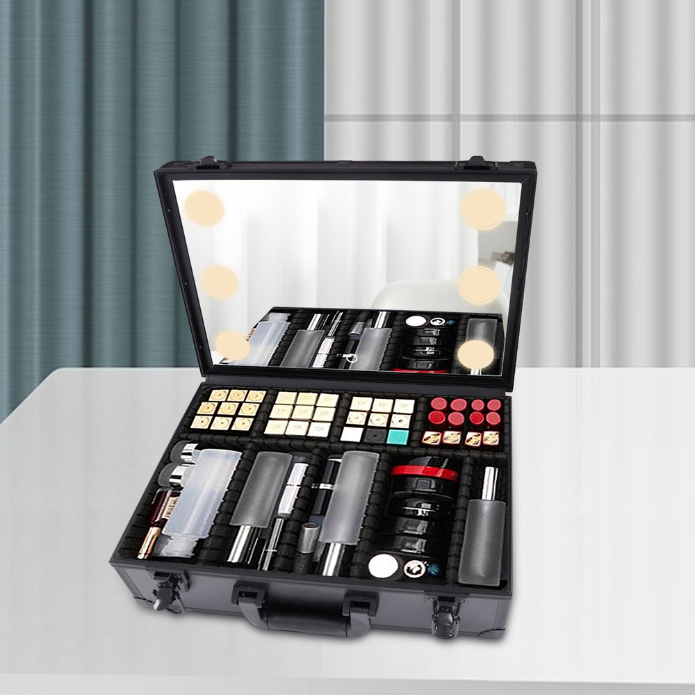 Large Makeup Train Case with LED Light & Mirror - Portable Organizer