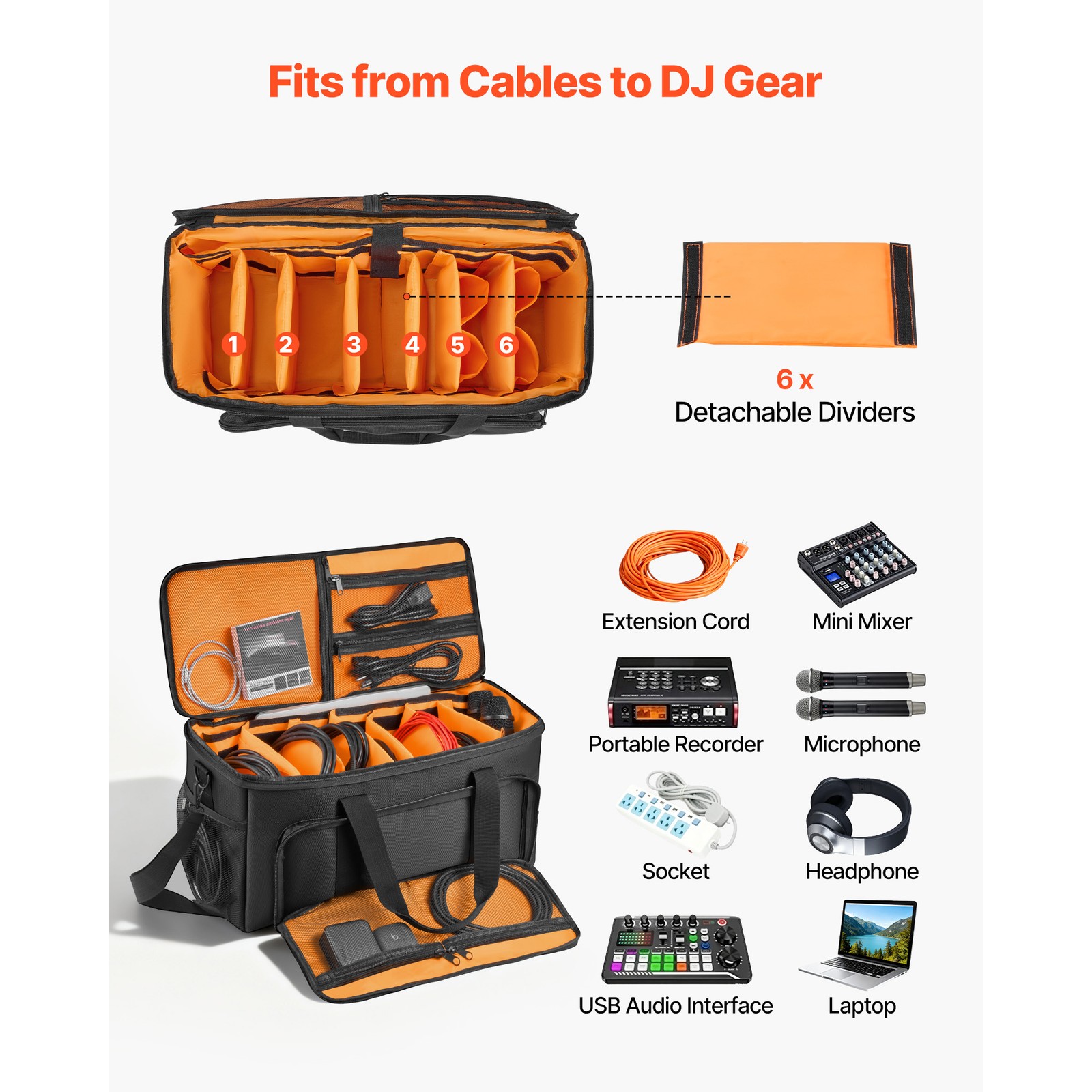 Uimoso Rolling DJ Cable Bag with Wheels, Padded Design, 6 Adjustable Dividers