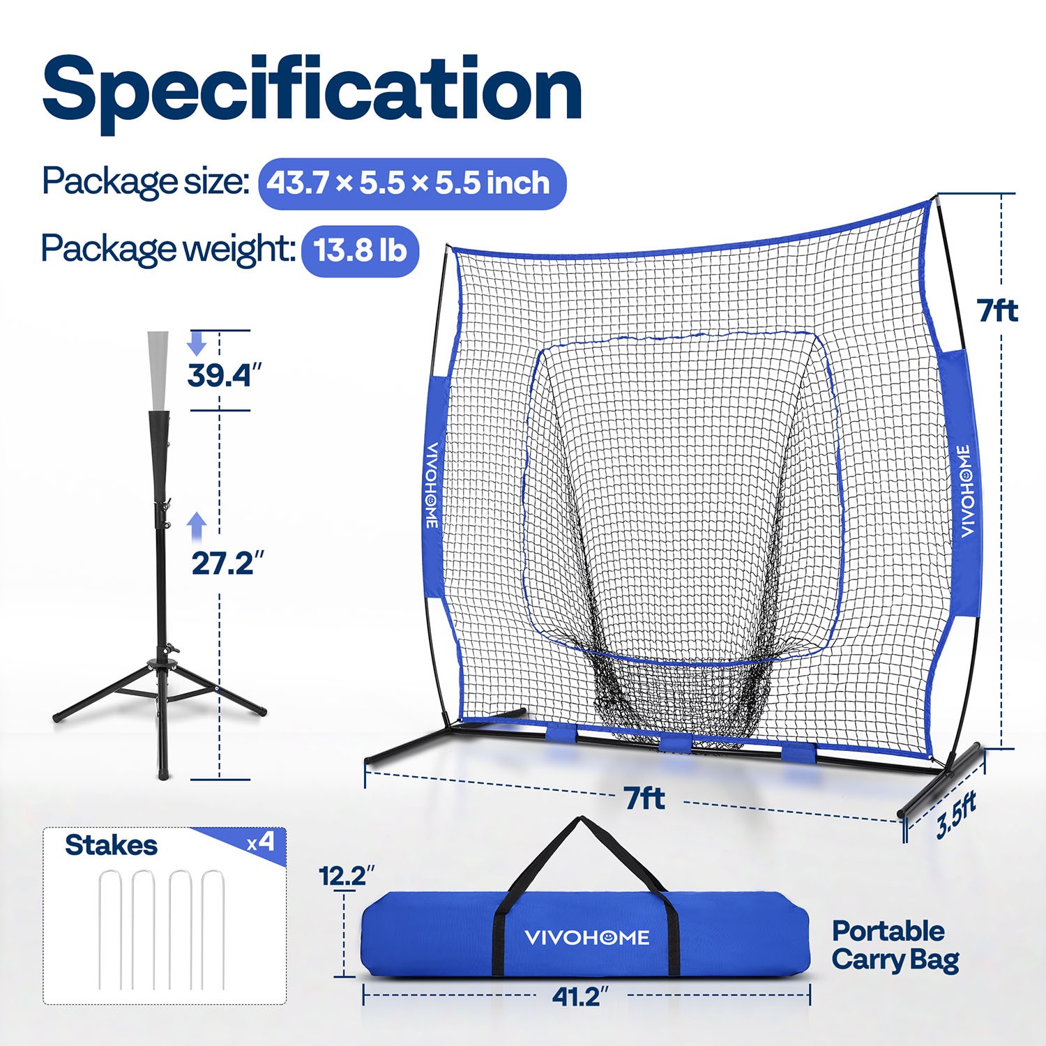 Portable Baseball & Softball Practice Net with Batting Tee 7x7 ft Aluminum Frame