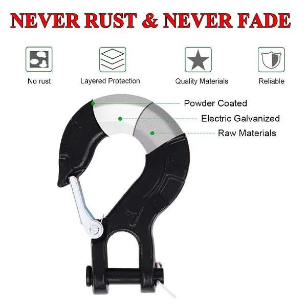 HD Black Winch Hook & Red Stopper Grade70 3/8" Safety Steel Latch Winch Hook