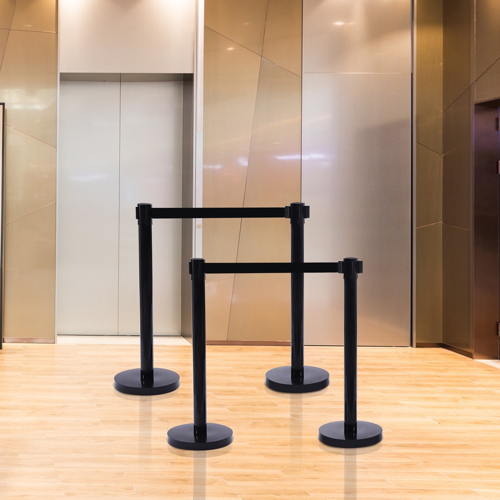 4Pcs Crowd Control Barrier Queue Poles Black Retractable Belt Stanchion Posts