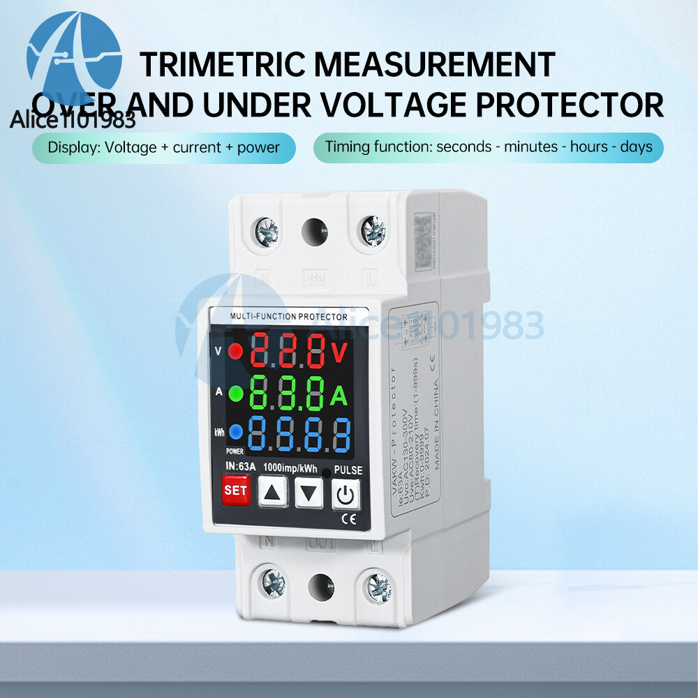 Voltage Current Power Meter 35mm Rail Overcurrent Undervoltage Protector 63A