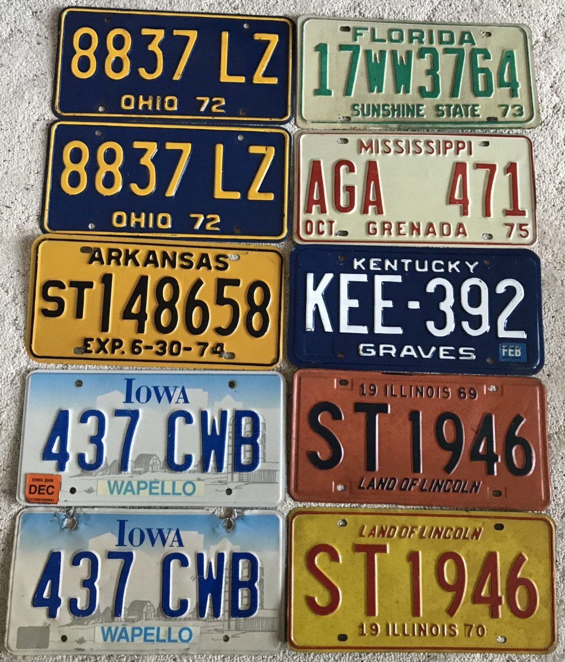 Lot of 10 Ohio Florida Arkansas Kentucky Iowa Illinois MS License Plates