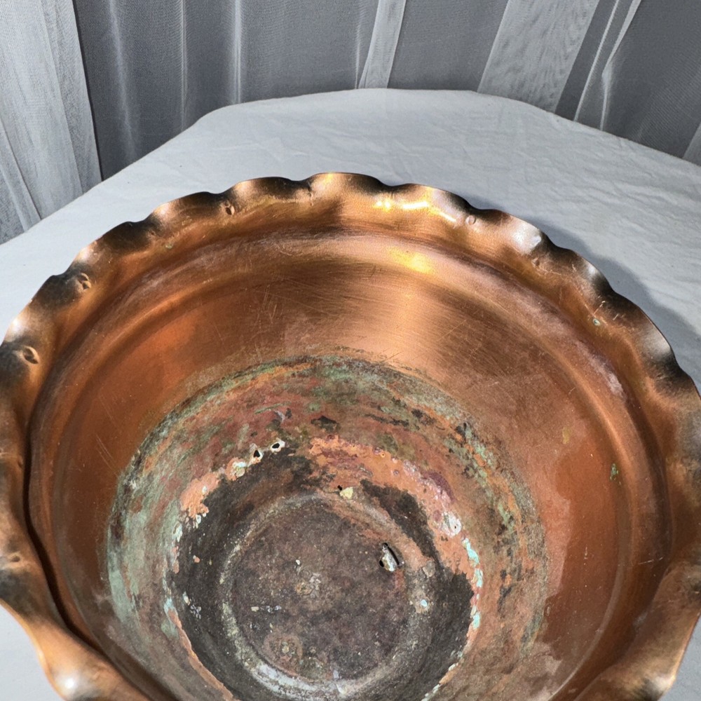 Solid Copper Pot Planter Vase Double Handle Scalloped Made In USA Hand Hammered