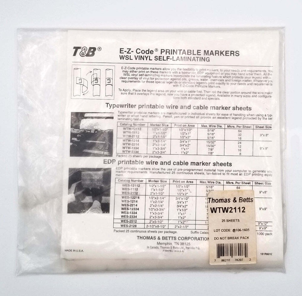 Thomas & Betts WTW-2112, 25 Pack Typewriter Printable Wire & Cable Marker Sheets