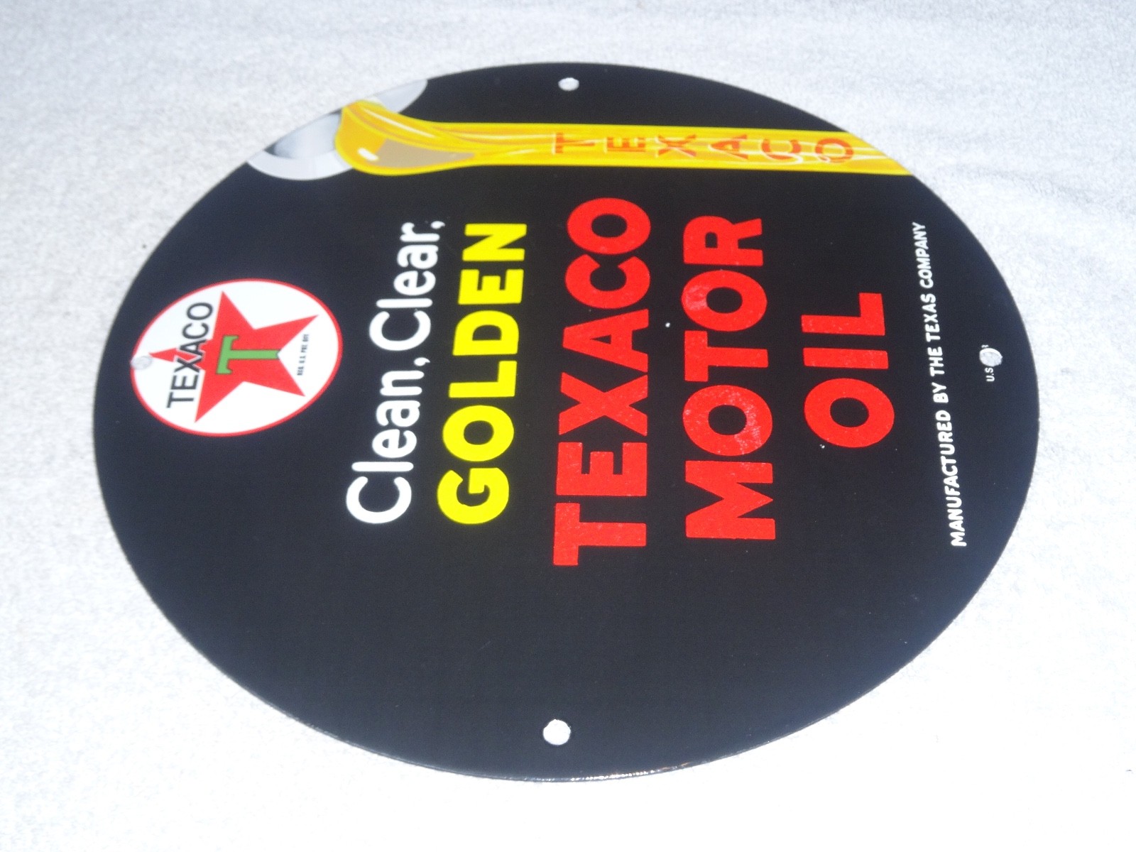 VINTAGE 1948 CLEAN, CLEAR TEXACO MOTOR OIL 11 3/4" PORCELAIN METAL GASOLINE SIGN