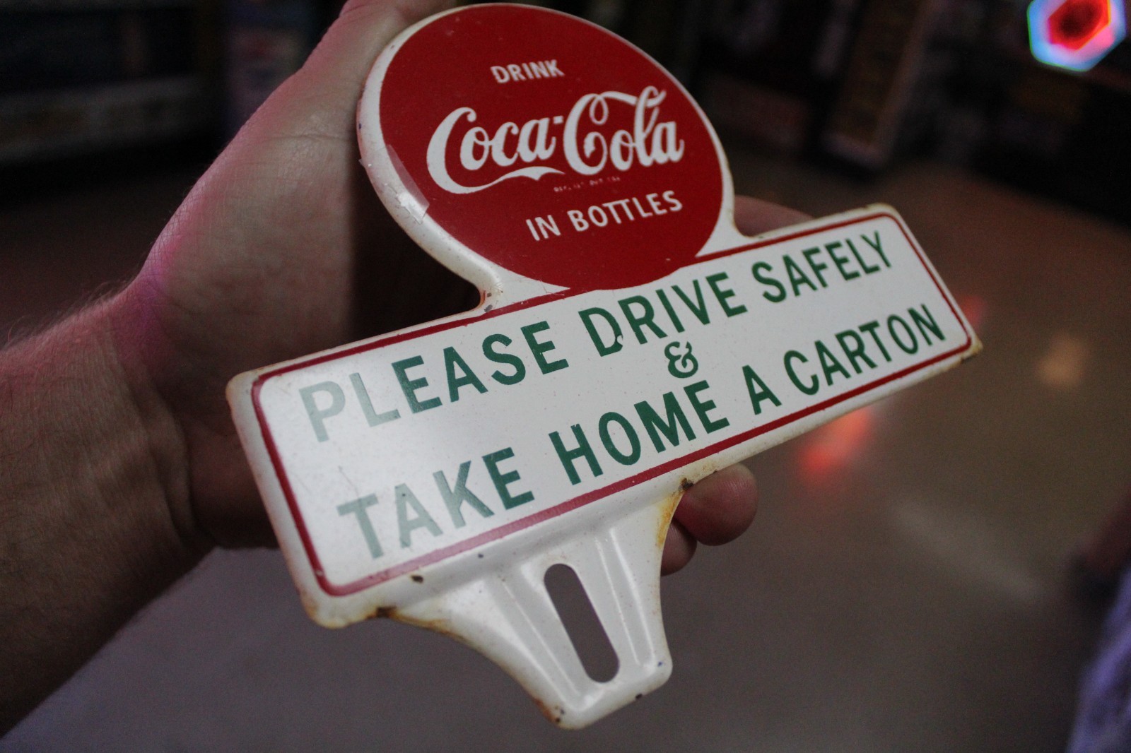 RARE 1950s DRINK COCA COLA DRIVE SAFELY STAMPED PAINTED METAL TOPPER SIGN SODA
