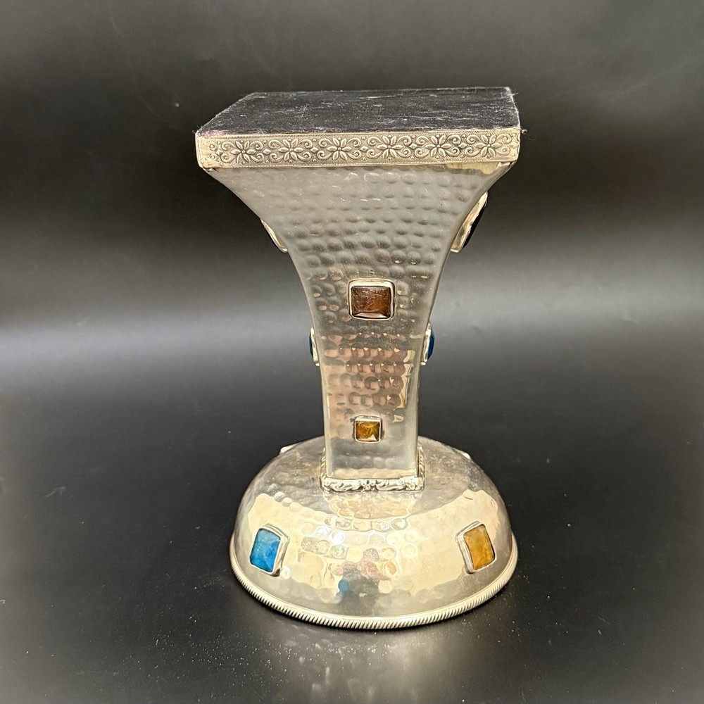 Vintage Hammered Silver Plated Bejeweled Cabochon Decorative 8” Candle Holder